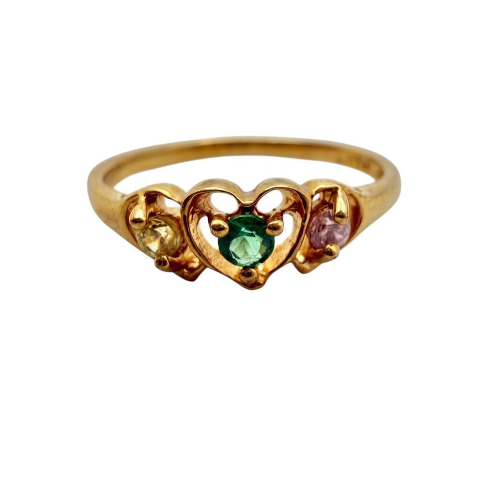 Gold Tone Size 6 1/2 Heart Ring with Green, Yellow, and Pink Stones